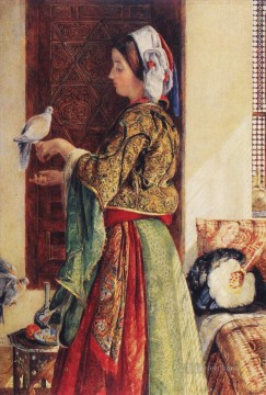 ジョン・フレデリック・ルイス Painting - 二羽の籠に入れられた鳩を持つ少女 東洋のジョン・フレデリック・ルイス